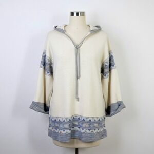 Cuddle Knit Sweater Large Cream Aztec Print Bell Sleeve Hooded Pullover Vintage